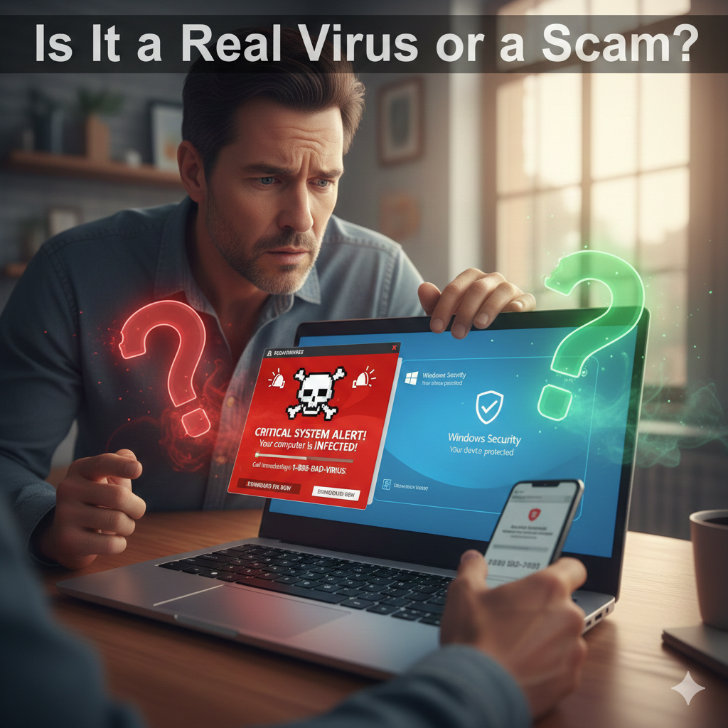 Confused man looking at a laptop screen showing two contrasting alerts: a large, red, fake "CRITICAL SYSTEM ALERT! Your computer is INFECTED!" pop-up (scam) next to a clean, legitimate-looking green "Windows Security Your device protected" screen