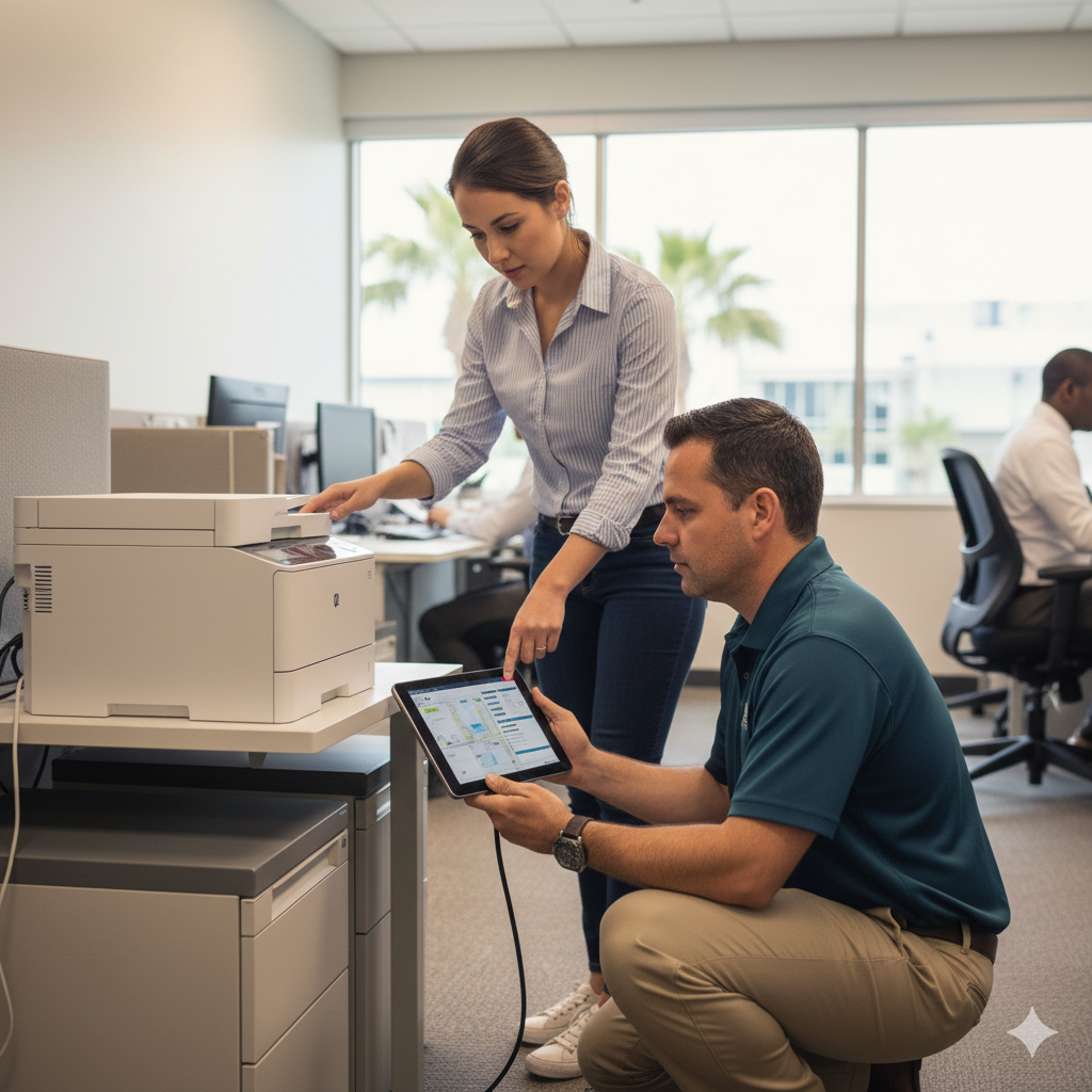 Professional IT technician setting up and configuring a new wireless network printer in a modern home office.