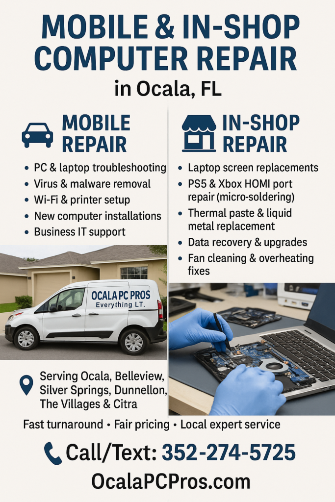 Mobile and in-shop computer repair services in Ocala Florida by Ocala PC Pros