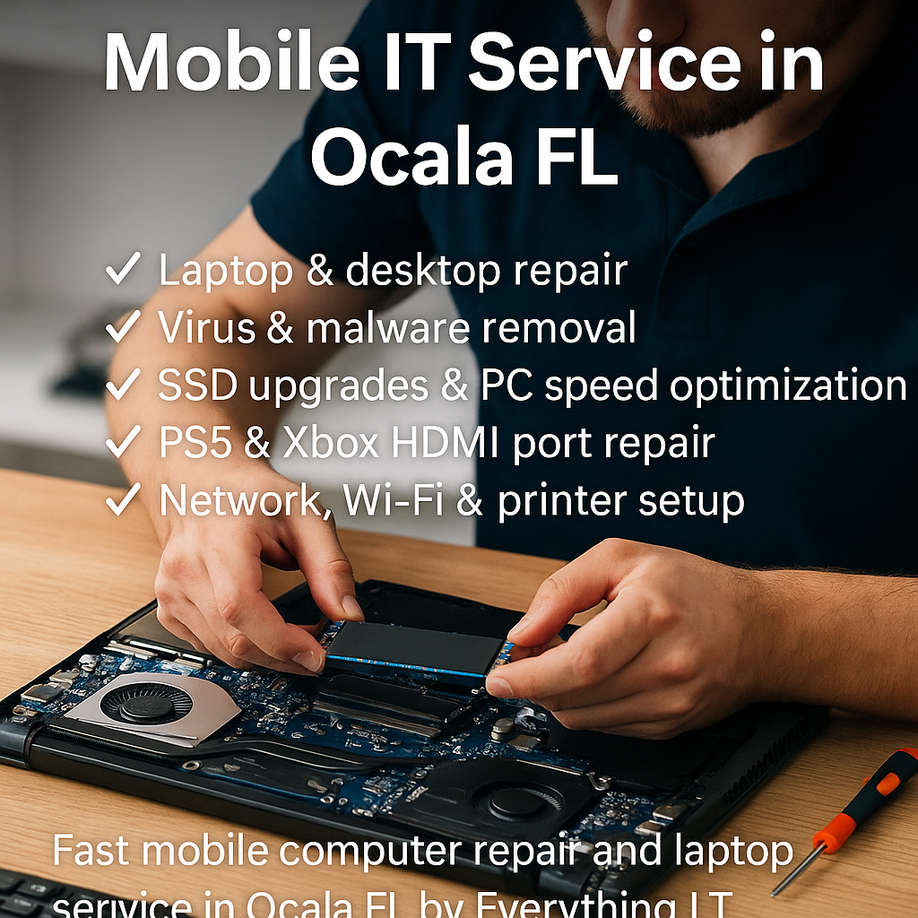 Professional computer repair service in Ocala Florida offering laptop, desktop, and gaming console repairs by Everything I.T.